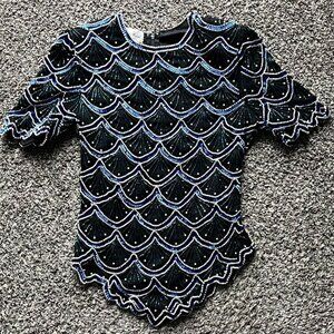 Vintage Laurence Kazan Blouse Womens Small Black 100% Silk, Sequin Detailing